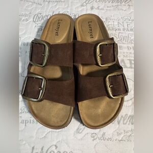 Lurnyet Brown Suede Double-Buckle Slide Sandals